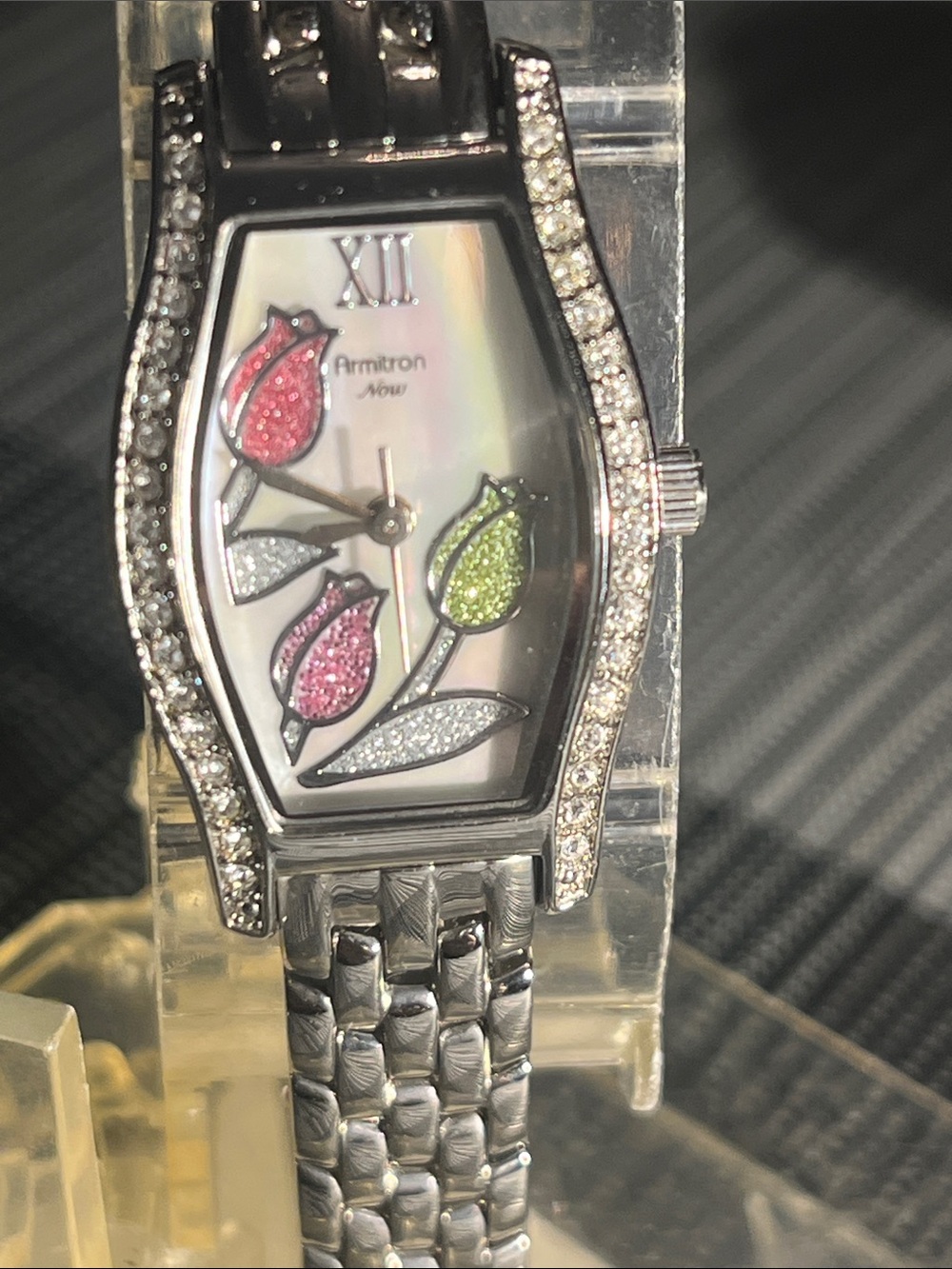 Armitron Silver Watch with Pink and Green Flower Accents - Picture 1 of 1